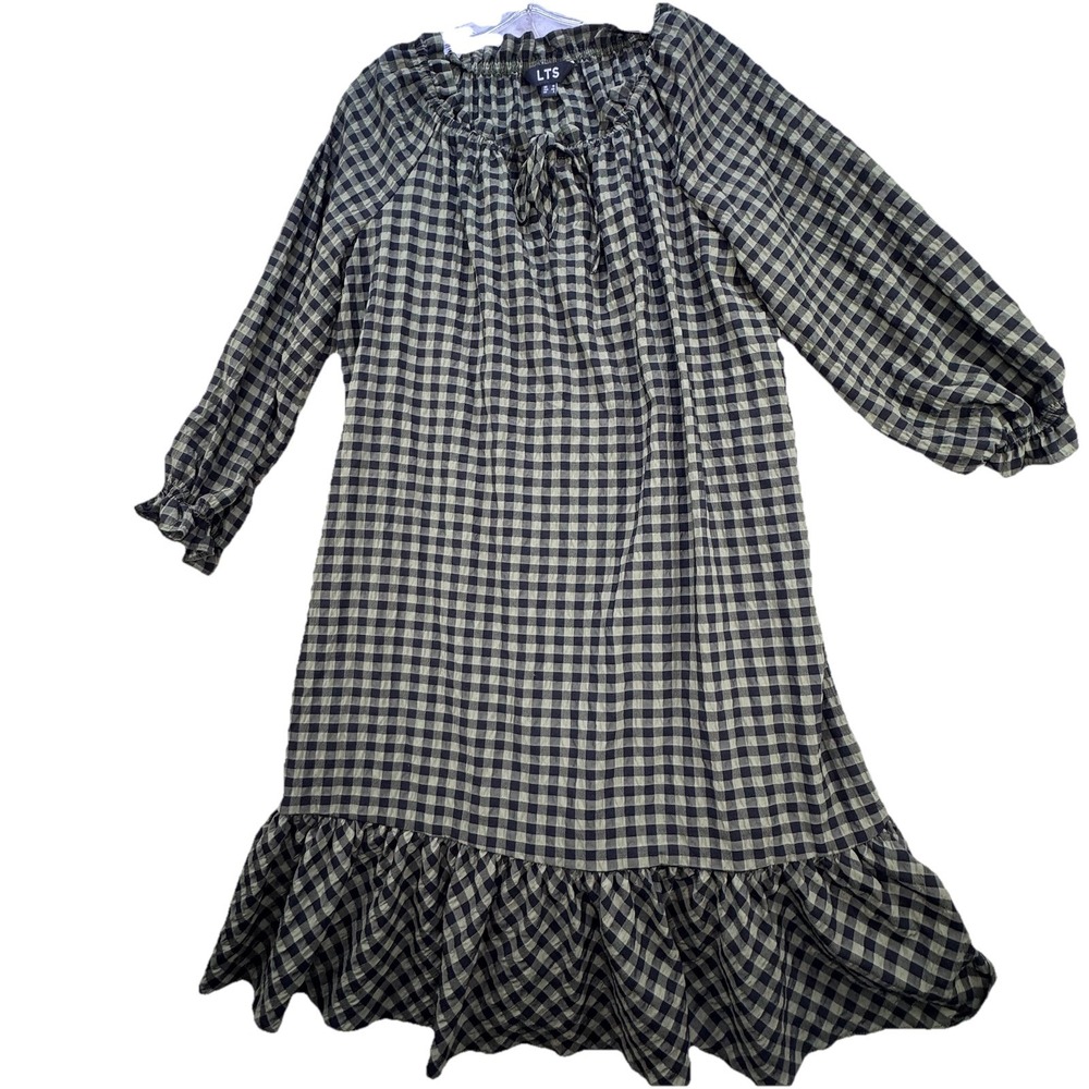 LTS - Long Tall Sally Gingham Plaid Dress UK 12 /‎ US 8 Olive Peasant Prairie
